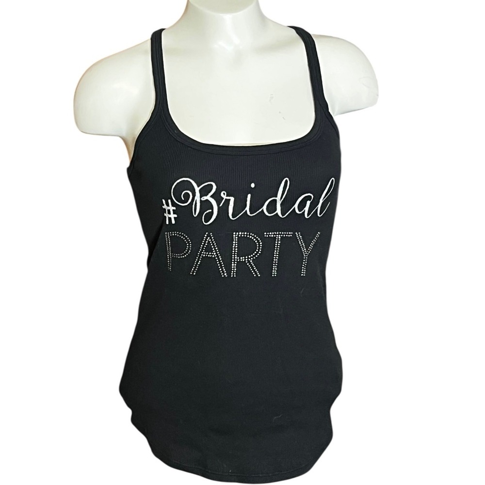 Betsy Johnson Black Ribbed Bridal Party Tank Top Rhinestone Bow Mesh Back Size S
